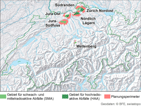 Karte mit sechs Standortgebieten Jura Ost, Jura-Südfuss, Nördlich Lägern, Südranden, Wellenberg und Zürich Nordost