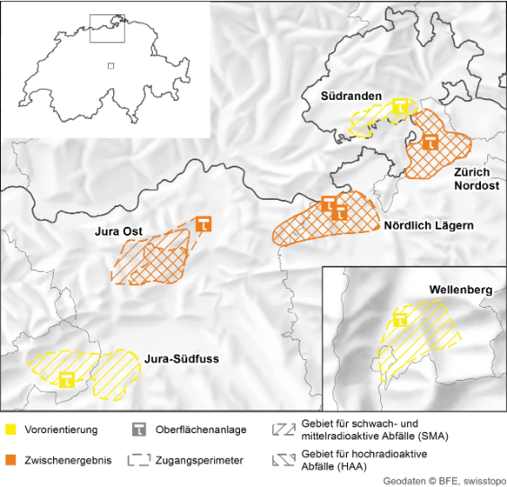 Karte mit Standortgebieten Jura Ost, Nördlich Lägern und Zürich Nordost