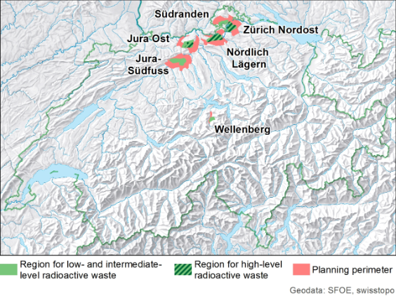 Map with six geological siting areas (Jura Ost, Jura Südfuss, Nördlich Lägern, Südranden, Wellenberg and Zürich Nordost)