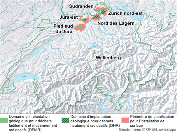 Carte avec les six domaines d’implantation Jura-est, Pied sud du Jura, Nord des Lägern, Südranden, Wellenberg et Zurich nord-est