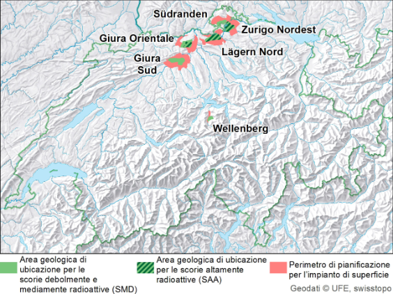 Cartina con sei aree di ubicazione Giura Orientale, Giura Sud, Lägern Nord, Südranden, Wellenberg e Zurigo Nordest